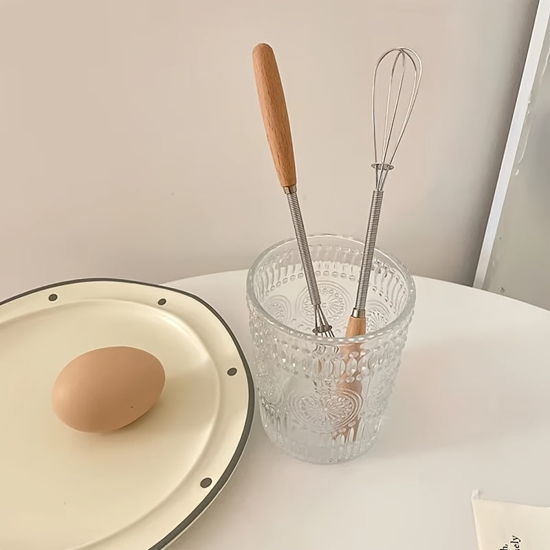 1pc\u002F2pcs Whisk With Solid Wood Handle, Kitchen Mini Stainless Steel Egg Beater, Stainless Steel Egg Beater Milk Whipper Wire Whisk For Blending, Whisking, Beating, Stirring Kitchen Essentials, Easy To Clean, Space-Saving Kitchen Gadget And Accessory