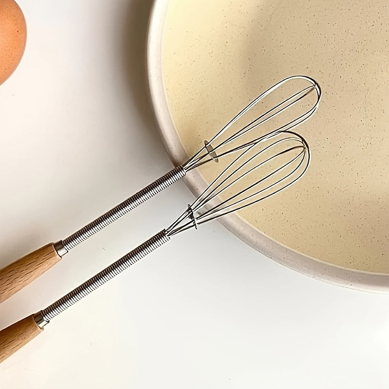 1pc\u002F2pcs Whisk With Solid Wood Handle, Kitchen Mini Stainless Steel Egg Beater, Stainless Steel Egg Beater Milk Whipper Wire Whisk For Blending, Whisking, Beating, Stirring Kitchen Essentials, Easy To Clean, Space-Saving Kitchen Gadget And Accessory