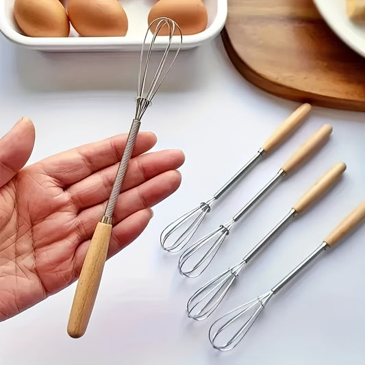 1pc\u002F2pcs Whisk With Solid Wood Handle, Kitchen Mini Stainless Steel Egg Beater, Stainless Steel Egg Beater Milk Whipper Wire Whisk For Blending, Whisking, Beating, Stirring Kitchen Essentials, Easy To Clean, Space-Saving Kitchen Gadget And Accessory